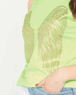 Royalfashion Neonowy zielony damski top ze złotym nadrukiem skrzydeł