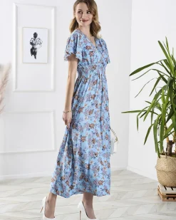 Royalfashion Niebieska damska długa sukienka w kwiaty