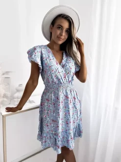 Royalfashion Niebieska sukienka damska mini z kwiecistym motywem