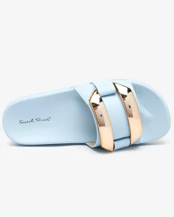 Royalfashion Niebieskie damskie klapki ze złotą ozdobą Serina