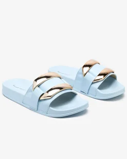 Royalfashion Niebieskie damskie klapki ze złotą ozdobą Serina