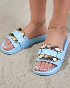 Royalfashion Niebieskie damskie klapki ze złotą ozdobą Serina