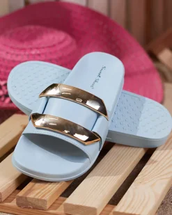 Royalfashion Niebieskie damskie klapki ze złotą ozdobą Serina