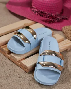 Royalfashion Niebieskie damskie klapki ze złotą ozdobą Serina