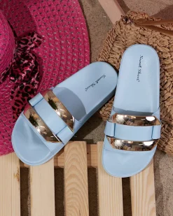 Royalfashion Niebieskie damskie klapki ze złotą ozdobą Serina