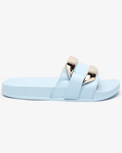 Royalfashion Niebieskie damskie klapki ze złotą ozdobą Serina