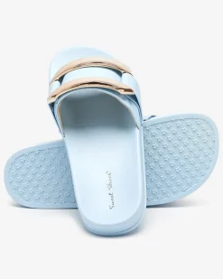 Royalfashion Niebieskie damskie klapki ze złotą ozdobą Serina