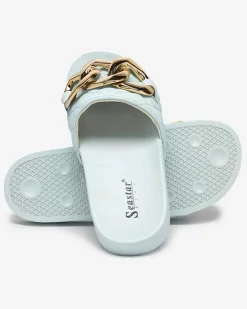 Royalfashion Niebieskie damskie pikowane klapki ze złotym łańcuszkiem Eteris