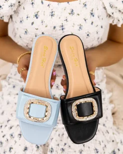 Royalfashion Niebieskie damskie klapki z ozdobą z cyrkoniami Iteria