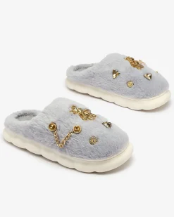 Royalfashion Niebiesko - szare damskie futrzane kapcie z ozdobami Erserra