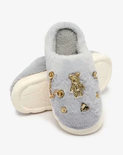 Royalfashion Niebiesko - szare damskie futrzane kapcie z ozdobami Erserra