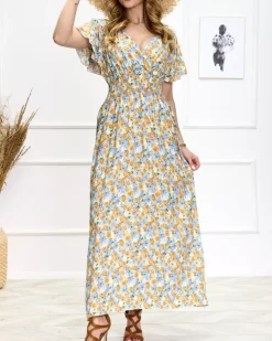 Royalfashion Niebiesko-żółta damska kwiecista sukienka midi