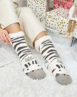 Royalfashion Ocieplane beżowe damskie skarpetki z zebrą