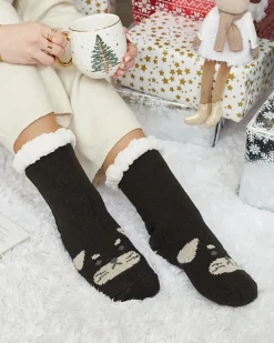 Royalfashion Ocieplane beżowe damskie skarpetki z pieskiem