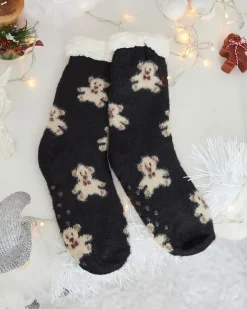Royalfashion Ocieplane czarne damskie skarpetki z misiami
