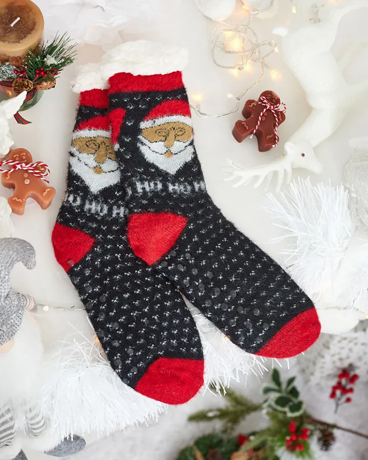 Royalfashion Ocieplane świąteczne czarne damskie skarpetki