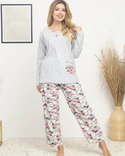 Royalfashion Piżama damska z printem w kwiaty w kolorze szarym PLUS SIZE