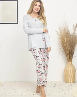 Royalfashion Piżama damska z printem w kwiaty w kolorze szarym PLUS SIZE