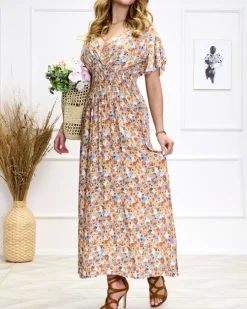 Royalfashion Pomarańczowo- niebieska damska kwiecista sukienka midi