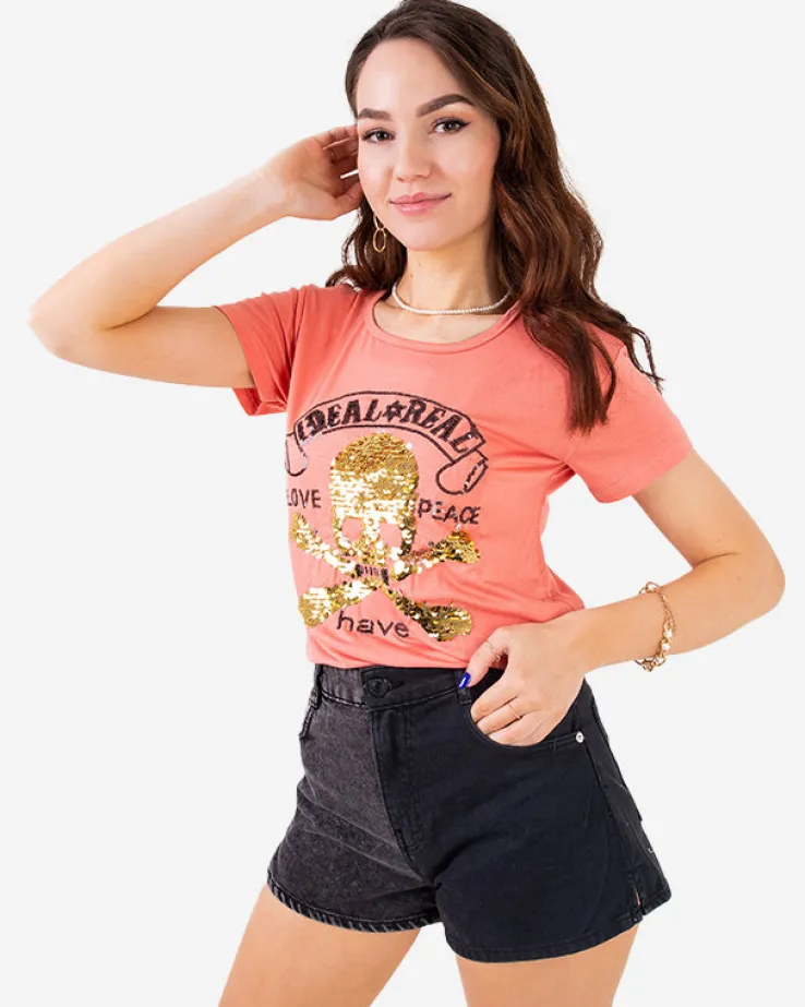 Royalfashion Pomarańczowy damski t-shirt z cekinami i napisami