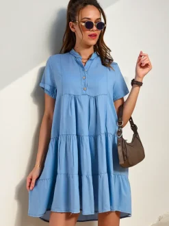 Royalfashion Przeszywana damska tunika a'la sukienka z rozpinanym dekoltem typu jeansowa