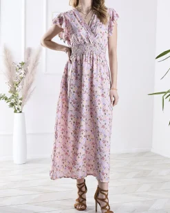 Royalfashion Różowa damska sukienka midi w kwiaty