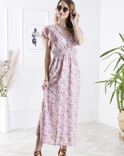 Royalfashion Różowa damska sukienka midi w kwiaty