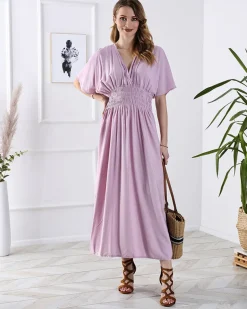 Royalfashion Różowa damska długa sukienka z kopertowym dekoltem