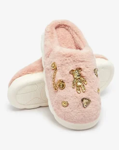 Royalfashion Różowe damskie futrzane kapcie z ozdobami Erserra