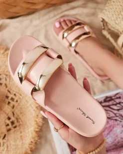 Royalfashion Różowe damskie klapki ze złotą ozdobą Serina