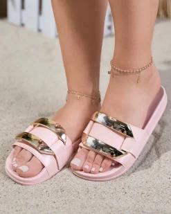 Royalfashion Różowe damskie klapki ze złotą ozdobą Serina