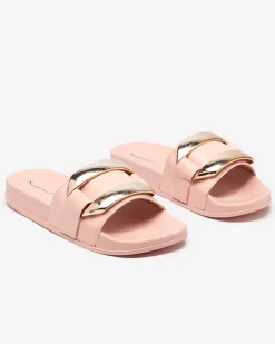 Royalfashion Różowe damskie klapki ze złotą ozdobą Serina