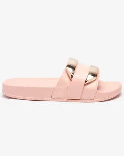 Royalfashion Różowe damskie klapki ze złotą ozdobą Serina