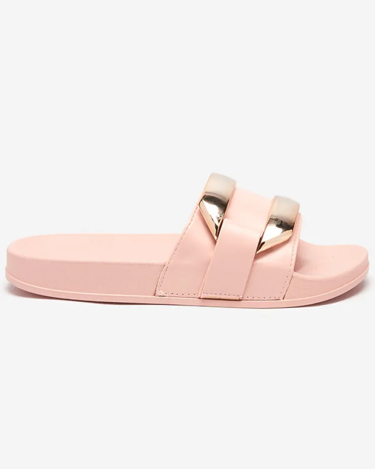 Royalfashion Różowe damskie klapki ze złotą ozdobą Serina