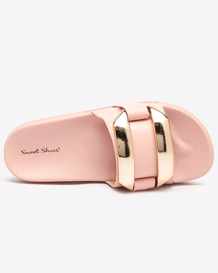 Royalfashion Różowe damskie klapki ze złotą ozdobą Serina