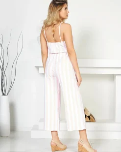 Royalfashion Różowo- biały długi kombinezon damski w paski