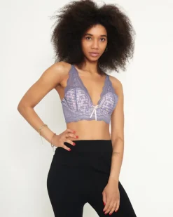 Royalfashion Różowy damski biustonosz z fioletową koronką