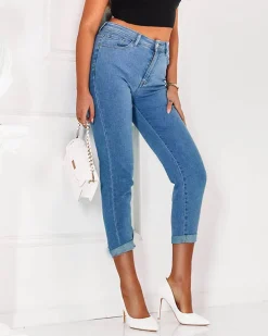 Royalfashion Spodnie damskie jeansowe typu mom jeans w kolorze niebieskim