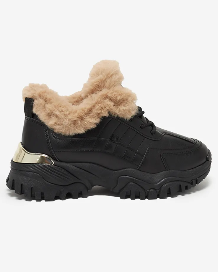 Royalfashion Sportowe czarne buty damskie z futerkiem Flixis