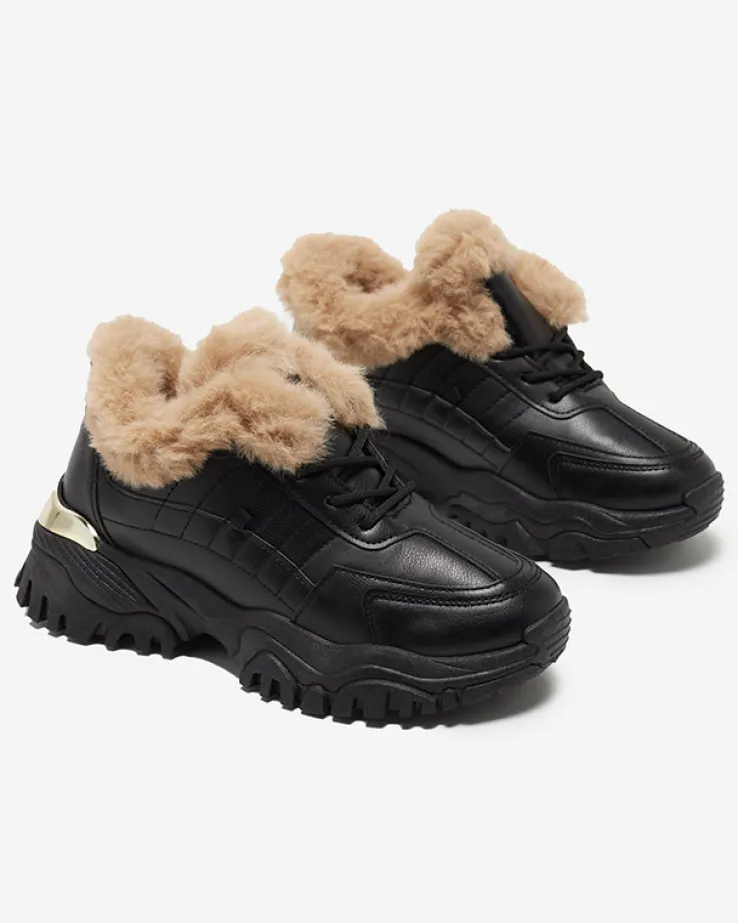 Royalfashion Sportowe czarne buty damskie z futerkiem Flixis
