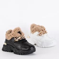 Royalfashion Sportowe czarne buty damskie z futerkiem Flixis