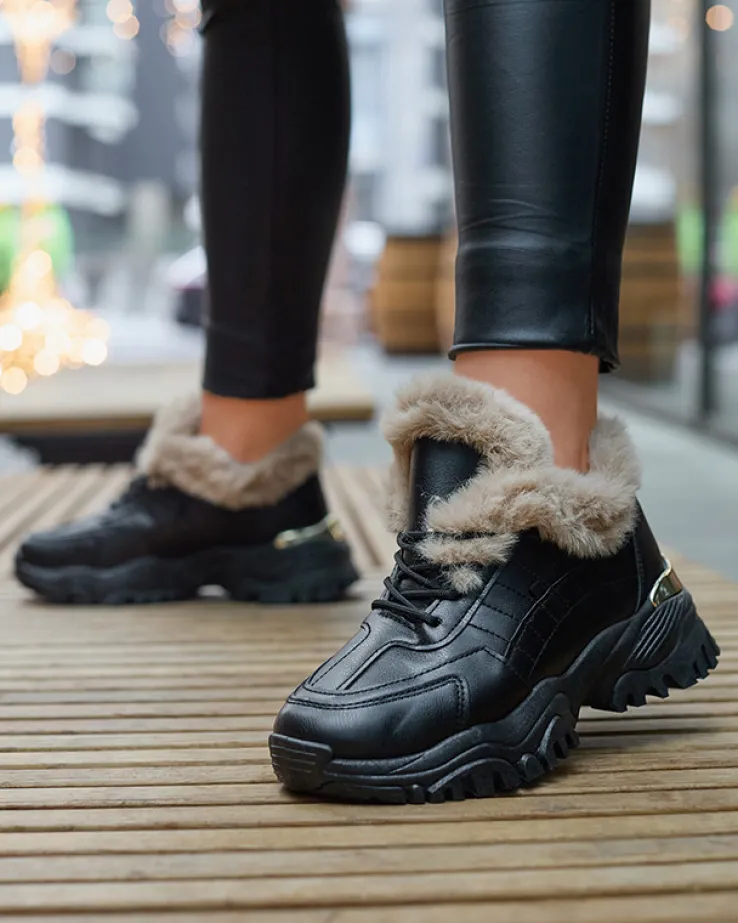 Royalfashion Sportowe czarne buty damskie z futerkiem Flixis