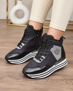 Royalfashion Sportowe czarne sneakersy damskie z brokatem Kawellas