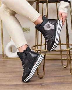 Royalfashion Sportowe czarne sneakersy damskie z brokatem Kawellas