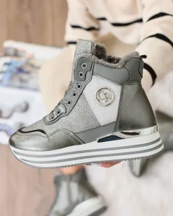 Royalfashion Sportowe szare sneakersy damskie z brokatem Kawellas