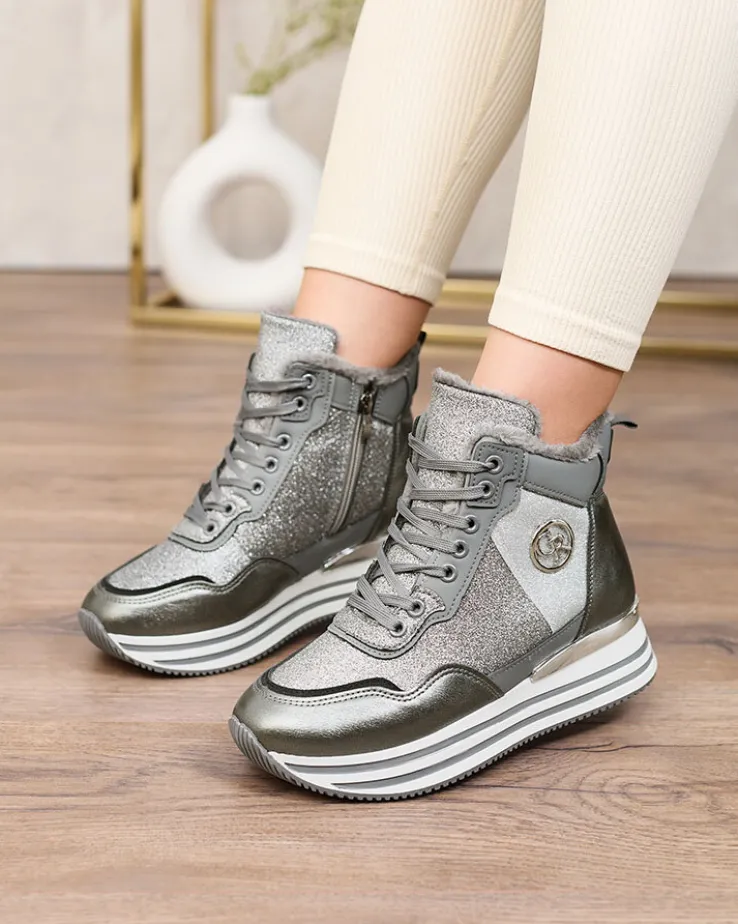 Royalfashion Sportowe szare sneakersy damskie z brokatem Kawellas