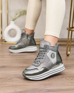 Royalfashion Sportowe szare sneakersy damskie z brokatem Kawellas