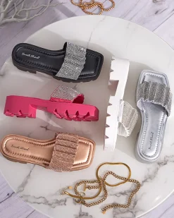 Royalfashion Srebrne klapki damskie z cyrkoniami Emkoy