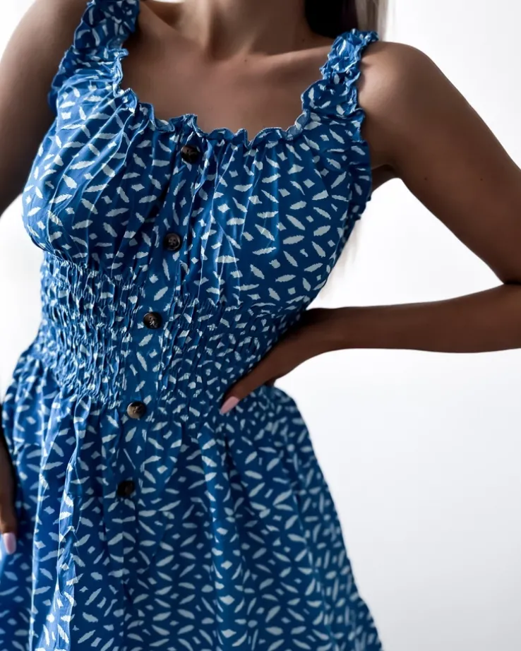 Royalfashion Sukienka damska za kolano z printem w kolorze niebieskim