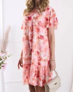 Royalfashion Sukienka damska do kolana z printem i falbanką w kolorze pomarańczowym